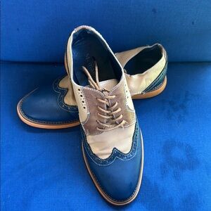 Blue and Tan Leather Oxford Shoes with Brogue Detailing